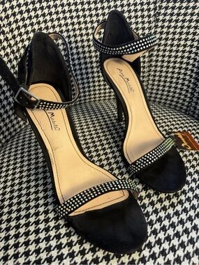 Anne Michelle Black Suede High Heel Sandals with Iridescent Crystal Straps